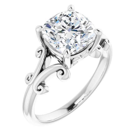 10K White Gold Customizable Cushion Cut Solitaire with Band Flourish and Decorative Trellis