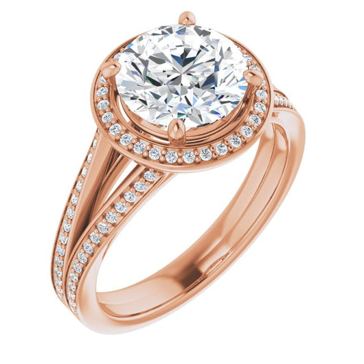 14K Rose Gold Customizable Round Cut Design with Split-Band Shared Prong & Halo