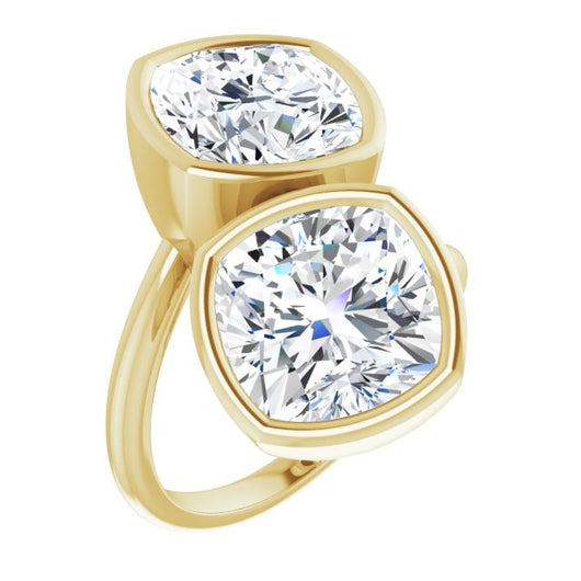 10K Yellow Gold Customizable 2-stone Double Bezel Cushion Cut Design with Artisan Bypass Band