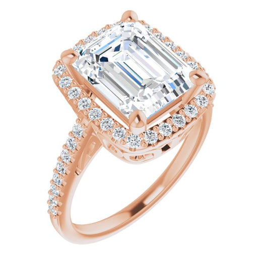 10K Rose Gold Customizable Cathedral-Crown Emerald/Radiant Cut Design with Halo and Accented Band