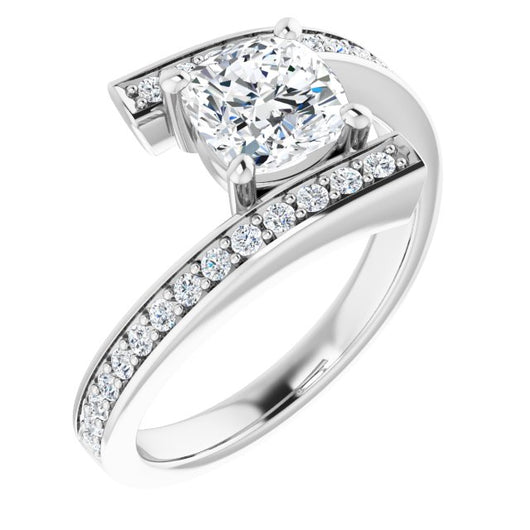 10K White Gold Customizable Faux-Bar-set Cushion Cut Design with Accented Bypass Band