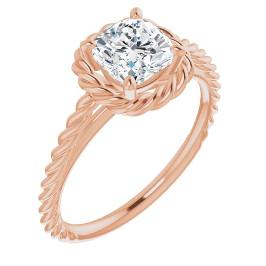 10K Rose Gold Customizable Cathedral-set Cushion Cut Solitaire with Thin Rope-Twist Band