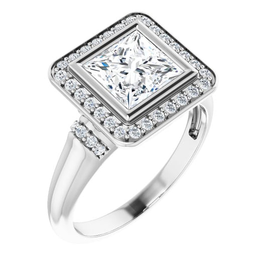 10K White Gold Customizable Bezel-set Princess/Square Cut Design with Halo and Vertical Round Channel Accents