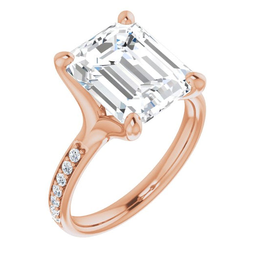 10K Rose Gold Customizable Heavy Prong-Set Emerald/Radiant Cut Style with Round Cut Band Accents