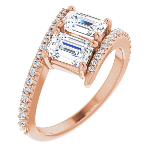 10K Rose Gold Customizable Double Emerald/Radiant Cut 2-stone Design with Ultra-thin Bypass Band and Pavé Enhancement