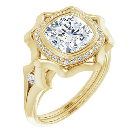 10K Yellow Gold Customizable Bezel-set Cushion Cut with Halo & Oversized Floral Design