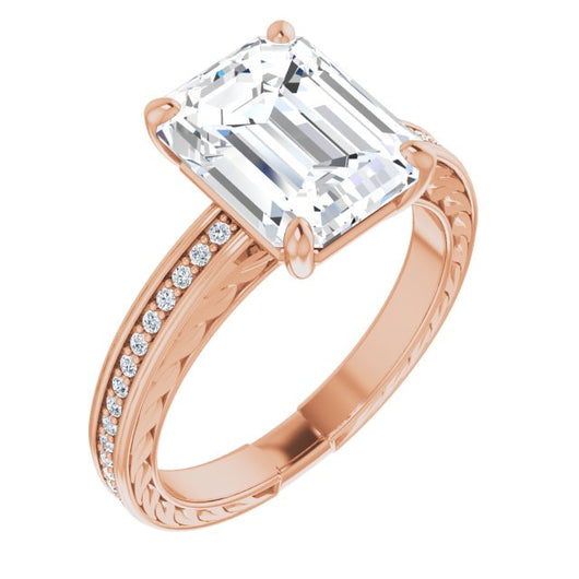 10K Rose Gold Customizable Emerald/Radiant Cut Design with Rope-Filigree Hammered Inlay & Round Channel Accents