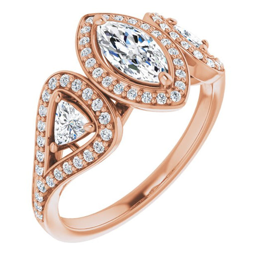 10K Rose Gold Customizable Cathedral-set Marquise Cut Design with 2 Trillion Cut Accents, Halo and Split-Shared Prong Band