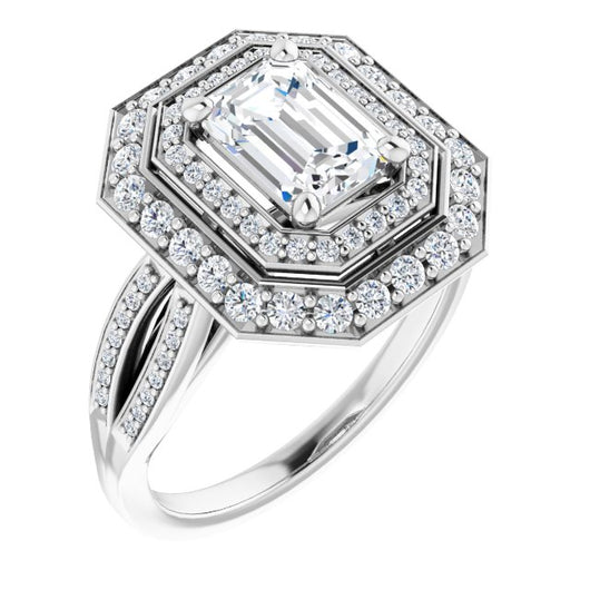 10K White Gold Customizable Cathedral-style Emerald/Radiant Cut Design with Double Halo & Split-Pavé Band