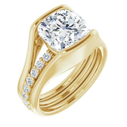 10K Yellow Gold Customizable Bezel-set Cushion Cut Style with Thick Pavé Band