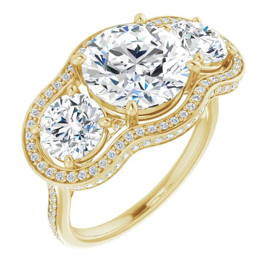 10K Yellow Gold Customizable 3-stone Round Cut Design with Multi-Halo Enhancement and 150+-stone Pavé Band