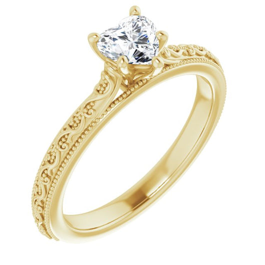 10K Yellow Gold Customizable Heart Cut Solitaire with Delicate Milgrain Filigree Band