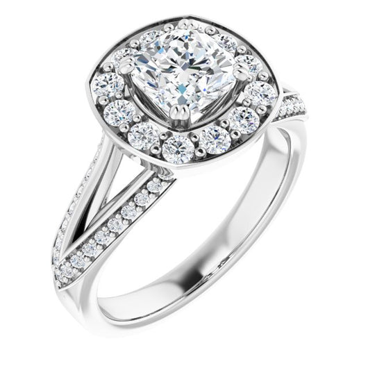 10K White Gold Customizable Cushion Cut Center with Large-Accented Halo and Split Shared Prong Band