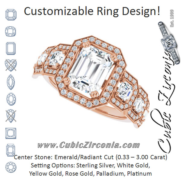 Cubic Zirconia Engagement Ring- The Carmela (Customizable Cathedral-Halo Emerald Cut Design with Six Halo-surrounded Asscher Cut Accents and Ultra-wide Band)