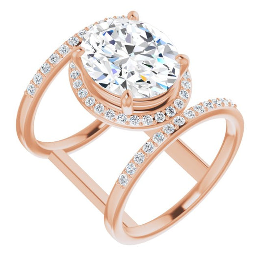 10K Rose Gold Customizable Oval Cut Halo Design with Open, Ultrawide Harness Double Pavé Band