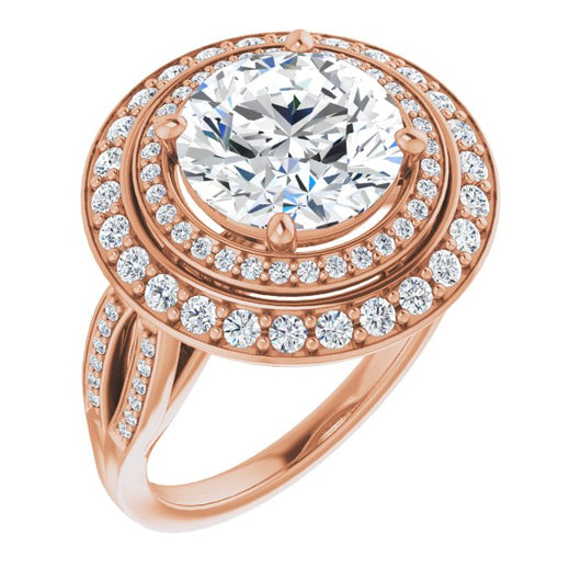 10K Rose Gold Customizable Cathedral-style Round Cut Design with Double Halo & Split-Pavé Band