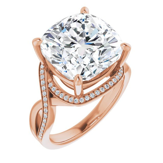 10K Rose Gold Customizable Bypass-Halo-Accented Cushion Cut Center with Twisting Split Shared Prong Band