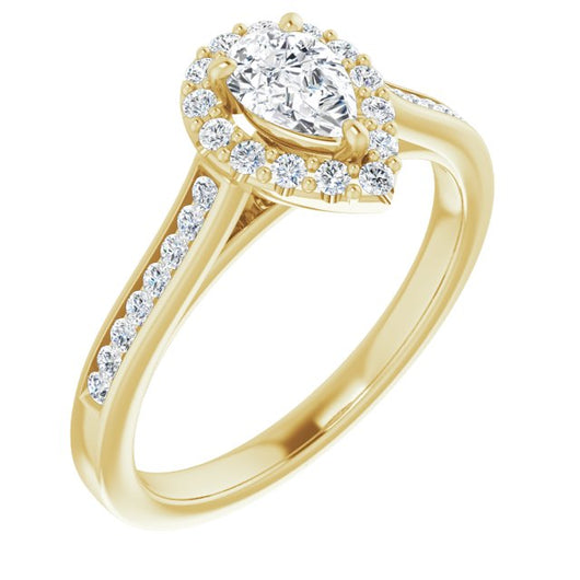 10K Yellow Gold Customizable Pear Cut Design with Halo, Round Channel Band and Floating Peekaboo Accents