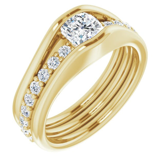 10K Yellow Gold Customizable Bezel-set Cushion Cut Style with Thick Pavé Band