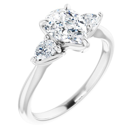 10K White Gold Customizable 3-stone Design with Pear Cut Center and Dual Large Pear Side Stones