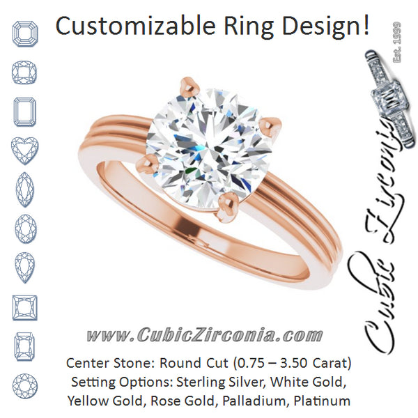 Cubic Zirconia Engagement Ring- The Davina (Customizable Round Cut Solitaire with Double-Grooved Band)