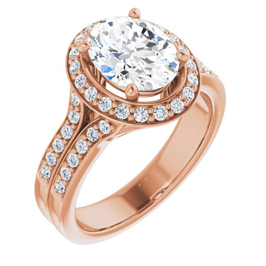 10K Rose Gold Customizable Oval Cut Halo Style with Accented Split-Band