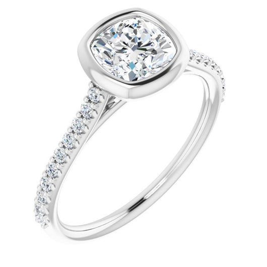 10K White Gold Customizable Bezel-set Cushion Cut Style with Ultra-thin Pavé-Accented Band