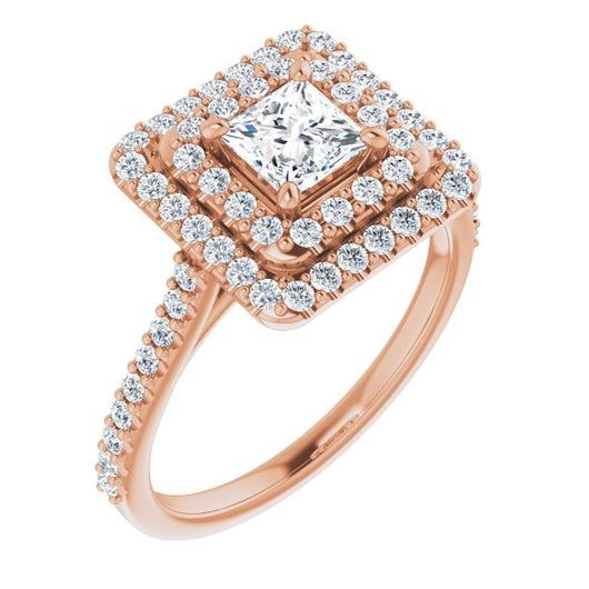 10K Rose Gold Customizable Double-Halo Princess/Square Cut Design with Accented Split Band