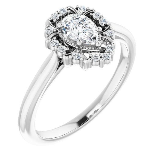 10K White Gold Customizable Pear Cut Design with Majestic Crown Halo and Raised Illusion Setting