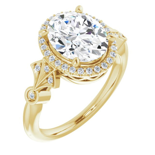 10K Yellow Gold Customizable Cathedral-Crown Oval Cut Design with Halo and Scalloped Side Stones