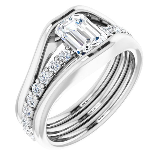 10K White Gold Customizable Bezel-set Emerald/Radiant Cut Style with Thick Pavé Band