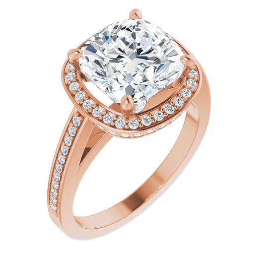 10K Rose Gold Customizable Cathedral-set Cushion Cut Design with Halo, Thin Pavé Band & Round-Bezel Peekaboos