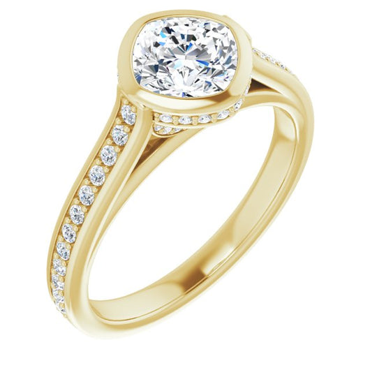 10K Yellow Gold Customizable Cathedral-Bezel Cushion Cut Design with Under Halo and Shared Prong Band