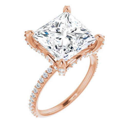 10K Rose Gold Customizable Princess/Square Cut Design with Round-Accented Band, Micropav? Under-Halo and Decorative Prong Accents)