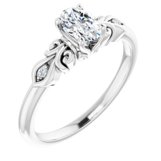 10K White Gold Customizable 3-stone Oval Cut Design with Small Round Accents and Filigree