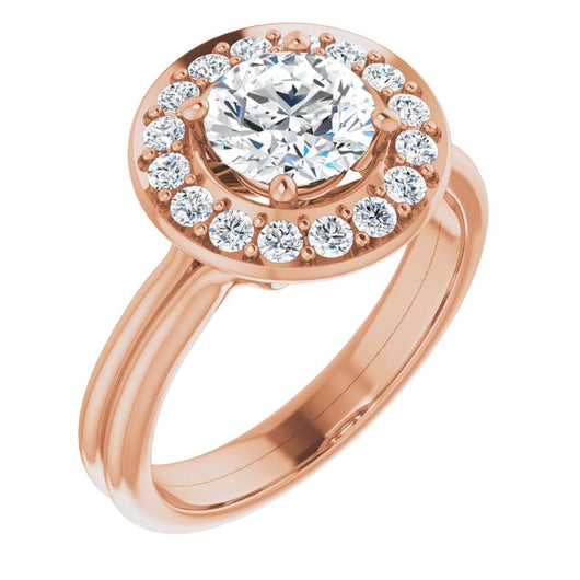 10K Rose Gold Customizable Cluster-Halo Accented Round Cut Style with Tapered Dual Band