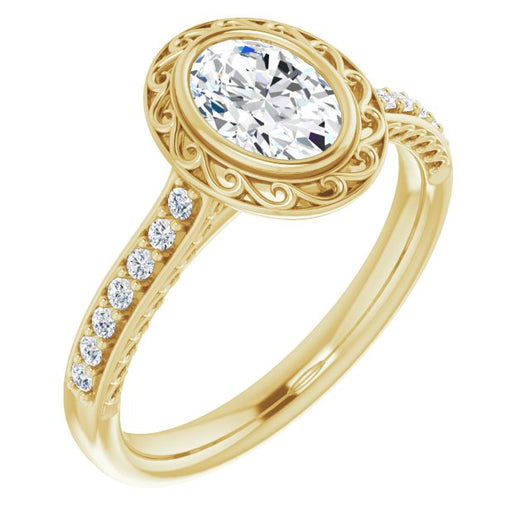 10K Yellow Gold Customizable Cathedral-Bezel Oval Cut Design featuring Accented Band with Filigree Inlay