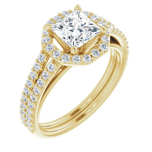 10K Yellow Gold Customizable Cathedral Princess/Square Cut Design with Geometric Halo & Split Pavé Band