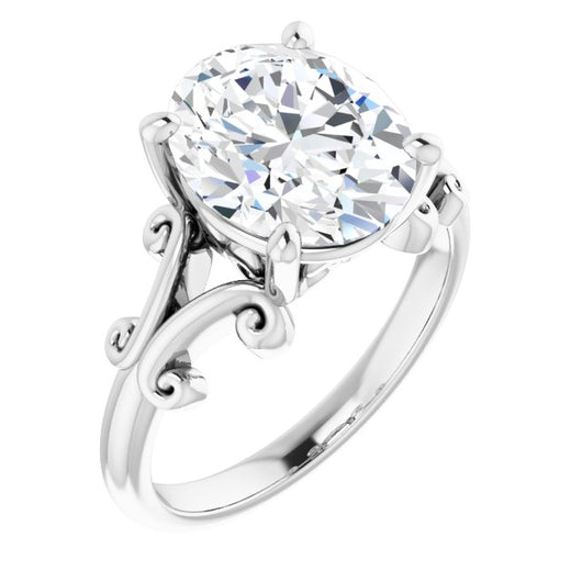 10K White Gold Customizable Oval Cut Solitaire with Band Flourish and Decorative Trellis