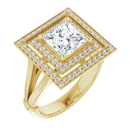 10K Yellow Gold Customizable Cathedral-set Princess/Square Cut Design with Double Halo, Wide Split Band and Side Knuckle Accents