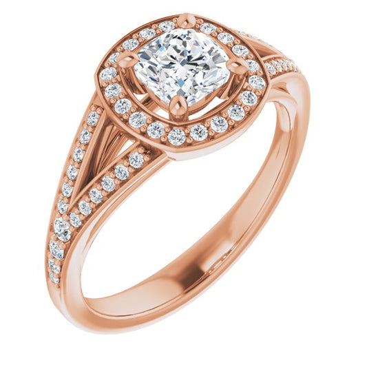 10K Rose Gold Customizable Cathedral-Halo Cushion Cut Style featuring Split-Shared Prong Band