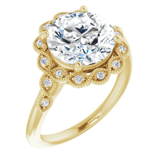 10K Yellow Gold Customizable 3-stone Design with Round Cut Center and Halo Enhancement