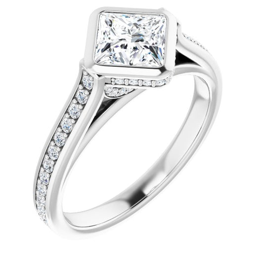 10K White Gold Customizable Cathedral-Bezel Princess/Square Cut Design with Under Halo and Shared Prong Band