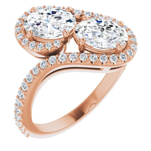 10K Rose Gold Customizable Double Oval Cut 2-Stone Style Enhanced with Accented Artisan Bypass Band