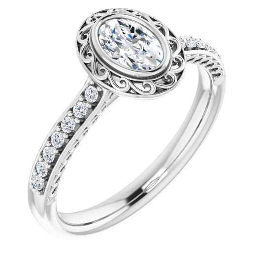 10K White Gold Customizable Cathedral-Bezel Oval Cut Design featuring Accented Band with Filigree Inlay