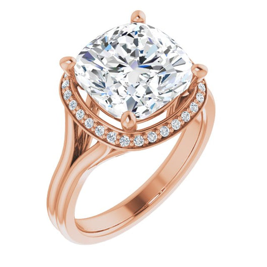 10K Rose Gold Customizable Cathedral-set Cushion Cut Design with Split-band & Halo Accents