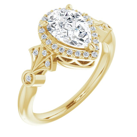 10K Yellow Gold Customizable Cathedral-Crown Pear Cut Design with Halo and Scalloped Side Stones