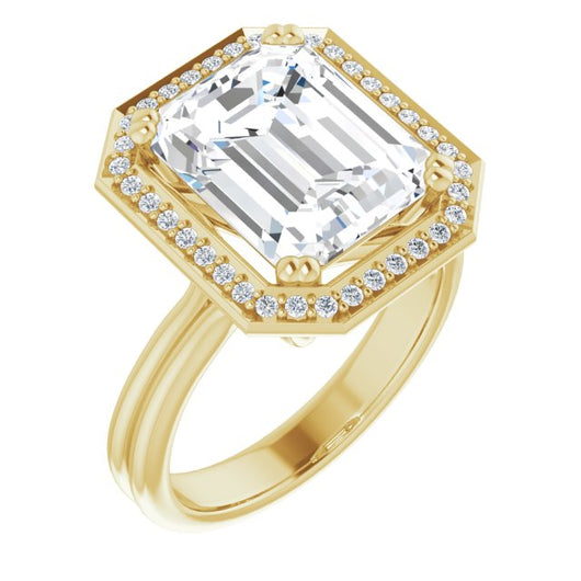 10K Yellow Gold Customizable Emerald/Radiant Cut Style with Scooped Halo and Grooved Band