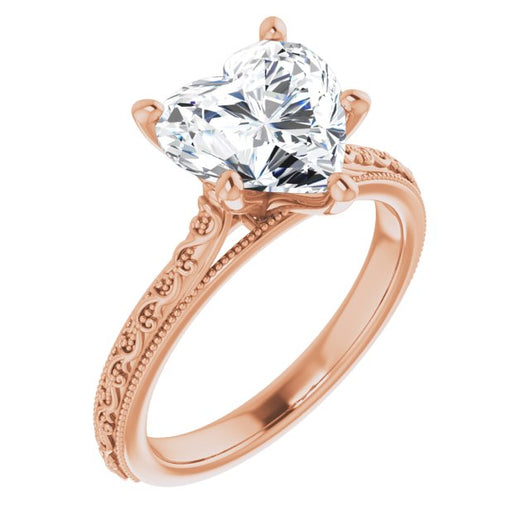 10K Rose Gold Customizable Heart Cut Solitaire with Delicate Milgrain Filigree Band