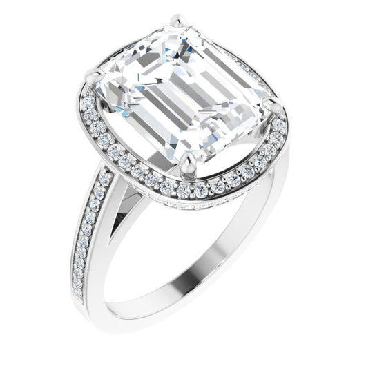 10K White Gold Customizable Cathedral-set Emerald/Radiant Cut Design with Halo, Thin Pavé Band & Round-Bezel Peekaboos